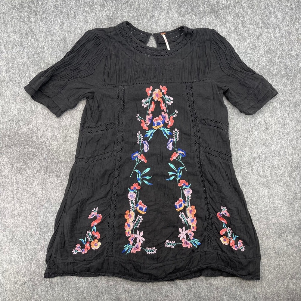 Free People Dress Medium Black Perfectly Victorian Floral Embroidered Mini Dress